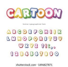 Cartoon Bright Font For Kids. Paper Cut Out ABC Letters And Numbers. Paper Cut Out. Colorful Alphabet. Vector Illustration