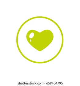 Cartoon bright green heart in circle with green contour. Heart health month flat icon. isolated on white. Vector illustration. Love icon.