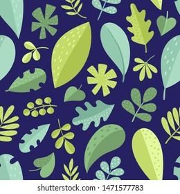 Cartoon bright herbs, leaves seamless pattern isolated on blue. Vector botanical herbal jungle background used for magazine, book, poster, card, menu cover, web pages.
