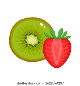 Cartoon bright natural strawberry and kiwifruit isolated on white. Vector illustration of fresh farm organic berry and fruit used for magazine, book, poster, menu cover, web pages.