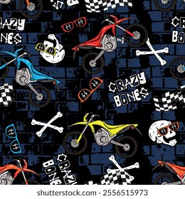 Cartoon bright pattern with  a motorcycle and skeleton. for T-shirts, textiles, clothes, wrapping paper , and more