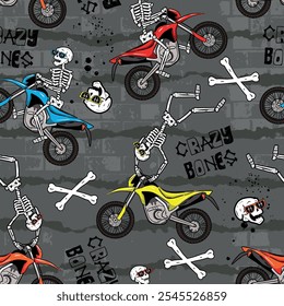 
Cartoon bright pattern with skeletons on a motorcycle. for T-shirts, textiles, clothes, wrapping paper , and more