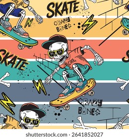 Cartoon bright pattern with skeletons on skateboard. for T-shirts, textiles, clothes, wrapping paper , and more