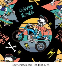 Cartoon bright pattern with skeletons on a motorcycle. for T-shirts, textiles, clothes, wrapping paper , and more