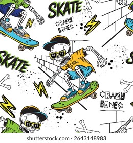 Cartoon bright pattern with skeletons on skateboard. for T-shirts, textiles, clothes, wrapping paper , and more