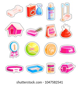 Cartoon bright pet shop sticker set. Dog care supplies