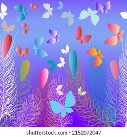 Caricatura brillante patrón transparente para niños, niños, bebé. Fondo vectorial floral colorido con mariposas voladoras, cielo, hierba, flores. Repetir el fondo de degradado. Borde. Diseño bonito y decorativo.