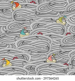 Cartoon bright seamless pattern with ship, lifebuoy sails on the sea . Can be used for wallpaper, web page background, surface kid textures. Hand-drawn ocean vector with decorative grey waves.