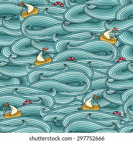 Cartoon bright seamless pattern with ship, lifebuoy sails on the sea . Can be used for wallpaper, web page background, kid textures. Hand-drawn ocean vector illustration with decorative blue waves.