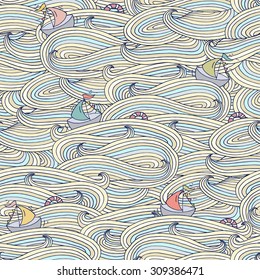 Cartoon bright seamless pattern with ship, lifebuoy sails on the sea . Can be used for wallpaper, web page background, surface kid textures. Hand-drawn ocean vector with decorative colored waves.