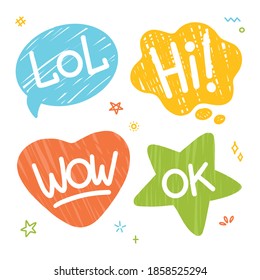 Cartoon bright speech bubbles stickers with lettering lol wow hi