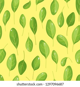 Cartoon bright spinach seamless pattern isolated on yellow. Vector background of fresh farm organic green herbs used for magazine, book, poster, card, menu cover, web pages.