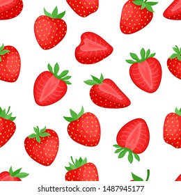 Cartoon bright strawberries seamless pattern isolated on white. Vector background of fresh farm organic berry used for magazine, book,card, menu cover, web pages.