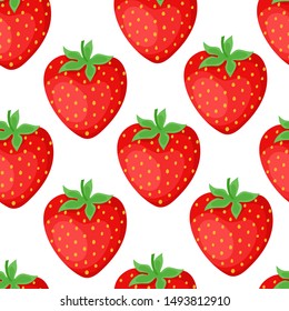 Cartoon bright strawberries seamless pattern isolated on white. Vector background of fresh farm organic berry used for magazine, book,card, menu cover, web pages.