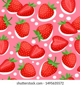 Cartoon bright strawberries seamless pattern isolated on pink. Vector background of fresh farm organic berry and splash of milk used for magazine, book,card, menu cover, web pages.