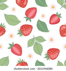 Cartoon bright strawberries seamless pattern. Vector background of fresh farm organic berry used for magazine, book,card, menu cover, web pages.