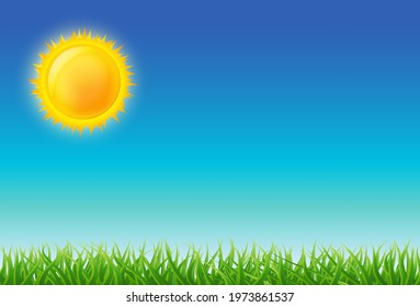 Cartoon bright sun on blue sky with green grass. vector illustration