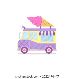 Cartoon bright truck and pink ice cream cone from above isolated on white background. Cute vector illustration in flat style. Doodle food concept for design t-shirt print, poster, icon, card, stickers