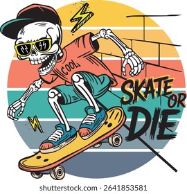 Cartoon bright typography print  with skeletons on skateboard. for T-shirts, textiles, clothes, web , and more