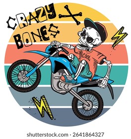 Cartoon bright typography print with skeletons on a motorcycle. for T-shirts, textiles, clothes, 
