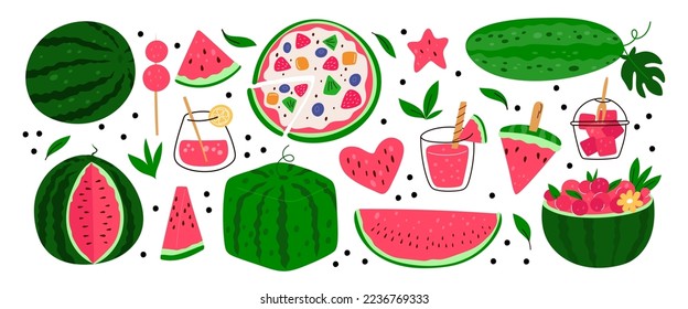 Cartoon bright watermelon. Tropical juicy fruits. Healthy soft drinks. Cocktail glasses. Diet desserts. Natural snacks. Different food pieces. Berry shapes. Ice cream