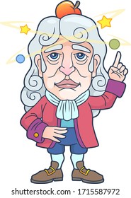 cartoon brilliant scientist physicist Isaac Newton, funny illustration