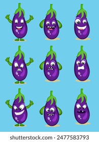 Cartoon brinjal in different modes facial expression illustration.