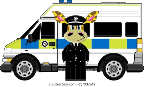 Cartoon British Giraffe Policeman and Police Van