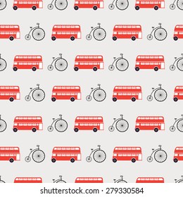 cartoon british pattern with buses and bicycles