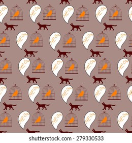 cartoon british pattern with cat and bird