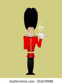  Cartoon British Royal Soldier with cup of black tea . Vector fun character illustration of English traditional guardian