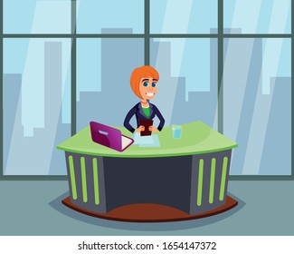 Cartoon Broadcasting Woman Character TV Breaking News Presenter. Female Reporter Sitting at Desk with Laptop and Notebook. Smiling Newsreader. Atractive Anchorman. Vector Flat Illustration