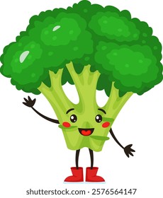 Cartoon broccoli character waving joyfully, showcasing a cheerful expression while wearing vibrant red boots. Promoting healthy eating and a fun, active lifestyle for all ages