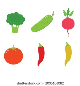 Cartoon broccoli and cucumber, raddish, tomato, onion on white background.