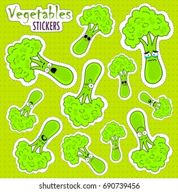 Cartoon broccoli cute character face isolated vector illustration. Funny vegetable face icon collection. Cartoon face food emoji. Broccoli emoticon. Funny food sticker.