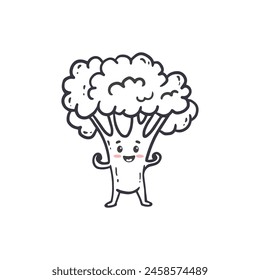  Cartoon Broccoli. Cute character vegetable isolated on white background. Doodle style. Vector