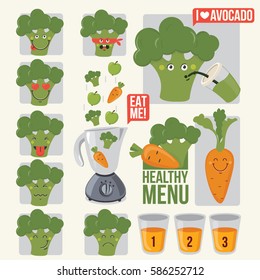 Cartoon broccoli cute characters face. Vector collection. Emoticon. Funny food concept.