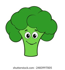 Cartoon broccoli drawing, funny healthy eating illustration isolated on white background.