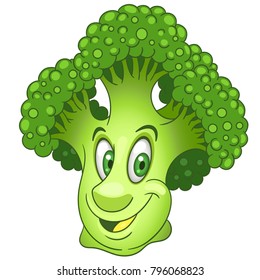 Cartoon Broccoli. Green flower Cabbage head. Happy Vegetable symbol. Eco Food icon. Emoji expression. Design element for kids coloring book, colouring page, t-shirt print, logo, label, patch, sticker.