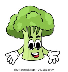 cartoon broccoli illustration with a cute smiling expression. for logos, stickers or health and food icons