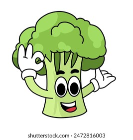 cartoon broccoli illustration with a cute smiling expression. for logos, stickers or health and food icons