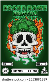 Cartoon Broccoli on Skull Head Smoking And Burning Fire Backgrounds. For Product Packaging Cover. Vectors Illustrations