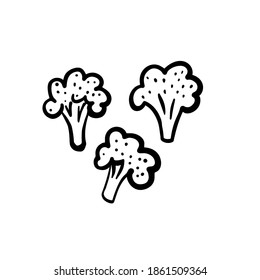 Cartoon broccoli set. Outline broccoli isolated on white background. Hand-drawn fresh vegetables. The symbol of healthy, wholesome food, eco nutrition, gardening, vegetarian menu. Vector illustration