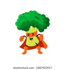 Cartoon broccoli super hero vegetable character. Isolated vector funny vitamin healthy food personage in cape and mask stand in confident pose. Comic book or fairytale game cheerful superhero greenery