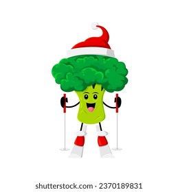 Cartoon broccoli vegetable character skiing on snow. Isolated vector cheerful healthy food personage wearing Santa hat and winter gear, gleefully skiing down a snowy slope with a big smile on its face