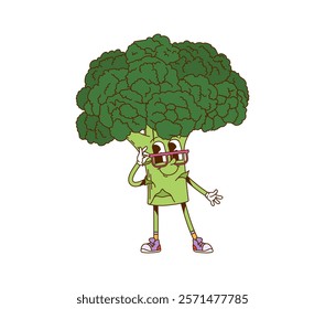 Cartoon broccoli vegetable groovy character. Farming market healthy broccoli vegetable happy mascot. Veggie cartoon isolated vector character in glasses or vegetarian food product groovy personage