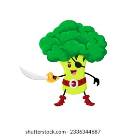 Cartoon broccoli vegetable pirate and corsair character. Vector happy buccaneer veggies with saber. Isolated smiling freebooter or picaroon personage wear eye patch ready for fight or fence with sabre