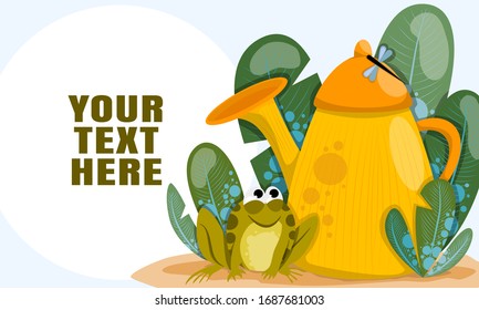Cartoon brochure with a frog, watering can and green plants. Flat web page design, summer nature templates. Gardening. Vector illustration