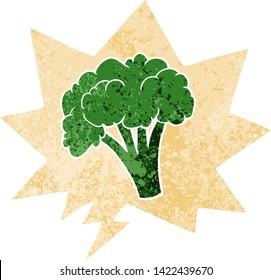 cartoon brocoli with speech bubble in grunge distressed retro textured style