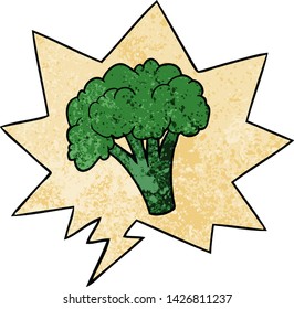 cartoon brocoli with speech bubble in retro texture style